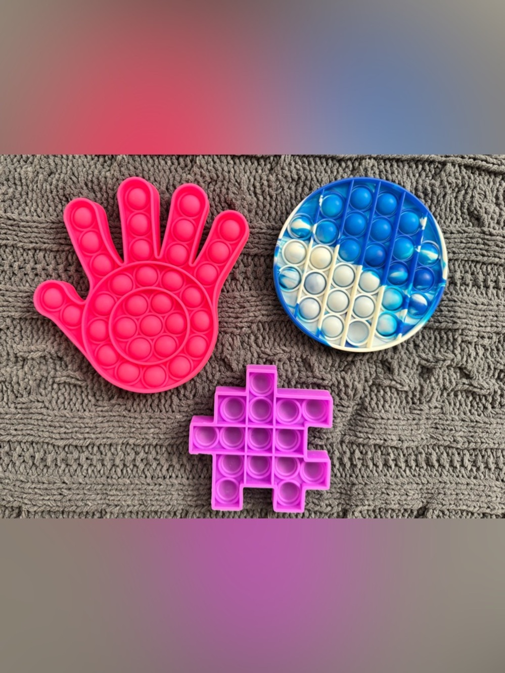 Set of 3 Silicone Pop It Fidget Toys - Hot Pink, Purple & Blue Marble